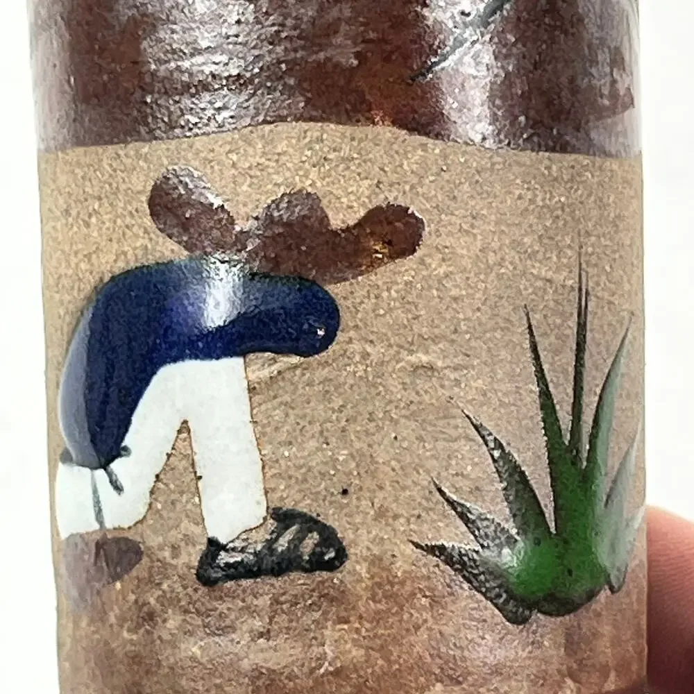 Vtg Tonala Mexican Folk Art Pottery Bud Vase Hand Painted Desert Campesino Scene